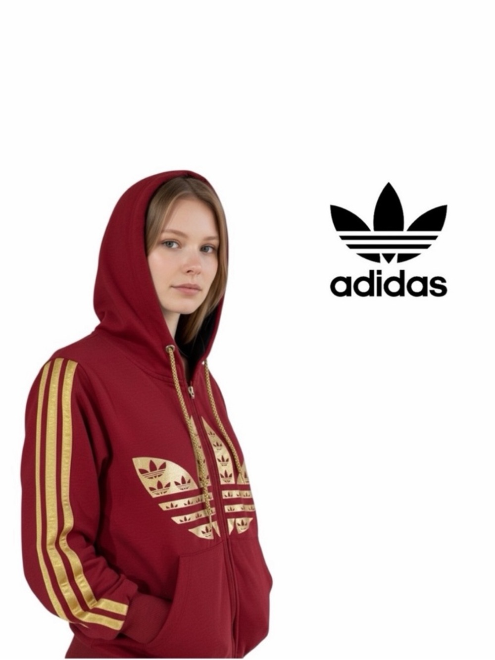 Adidas Y2K Original Trefoil Zip Front Burgundy‎ Gold 2000’s Hoodie - Size S